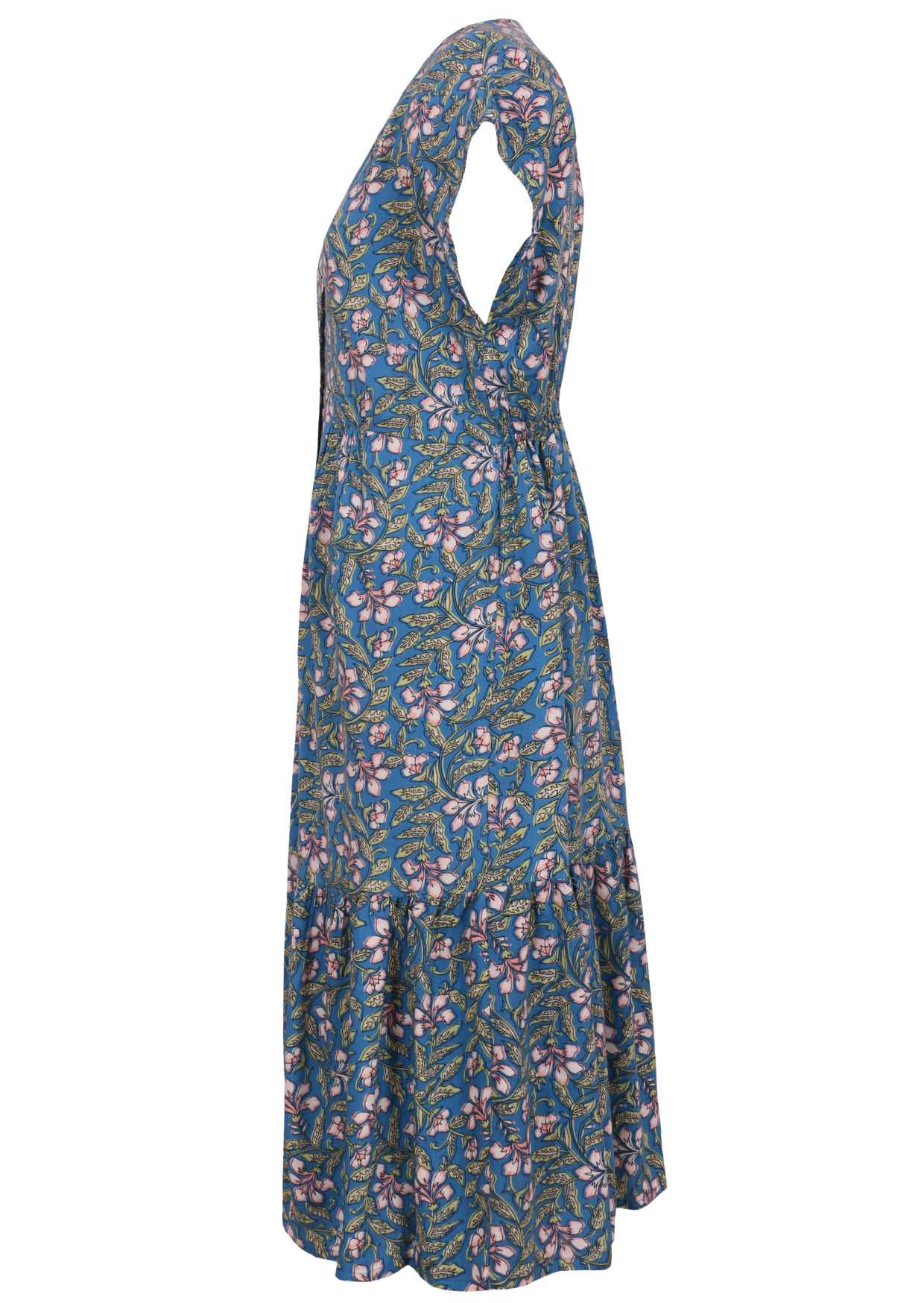 Short sleeve rayon dress with cerulean blue based block style floral print.
