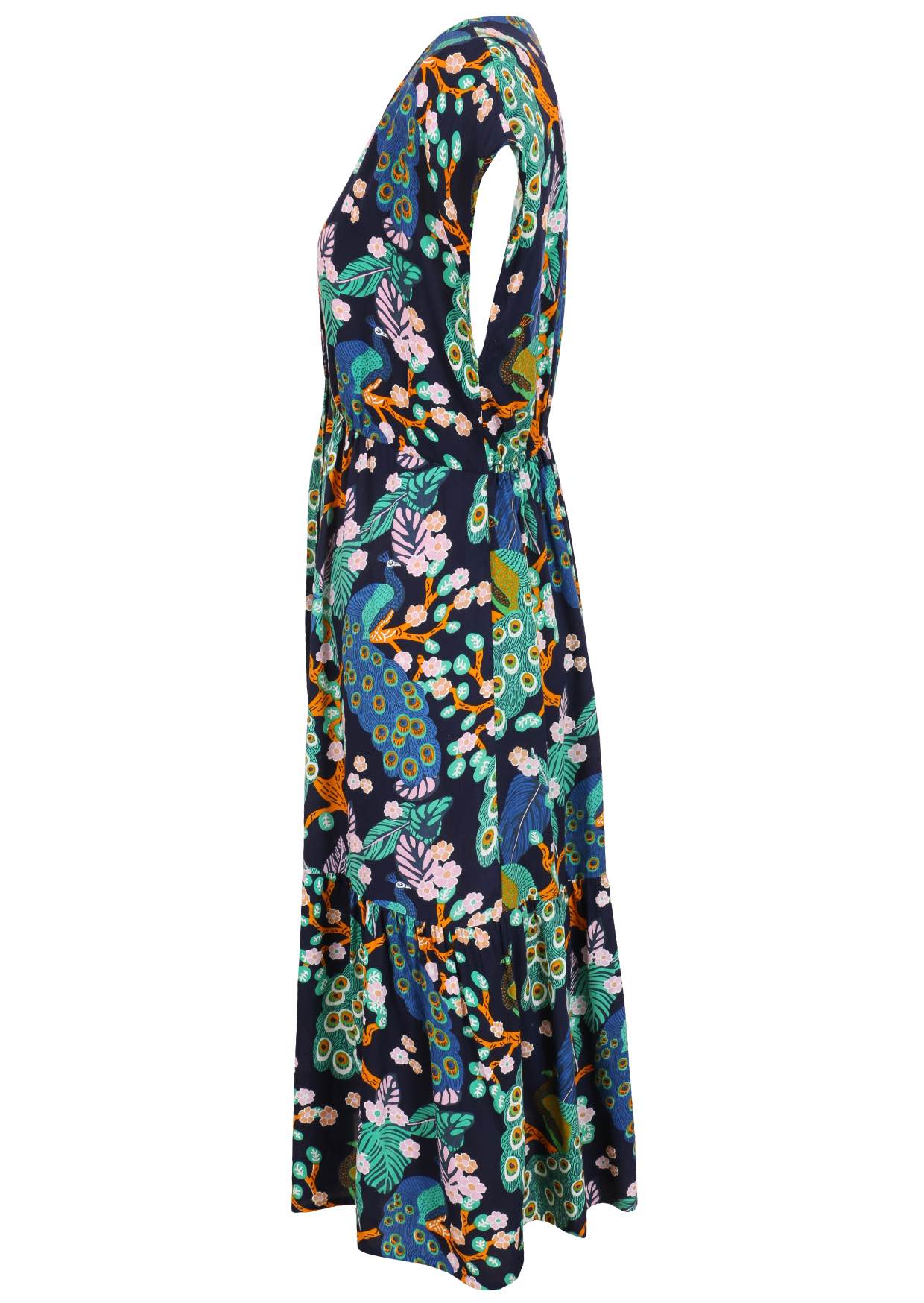 Short sleeve rayon dress with navy blue based floral print.