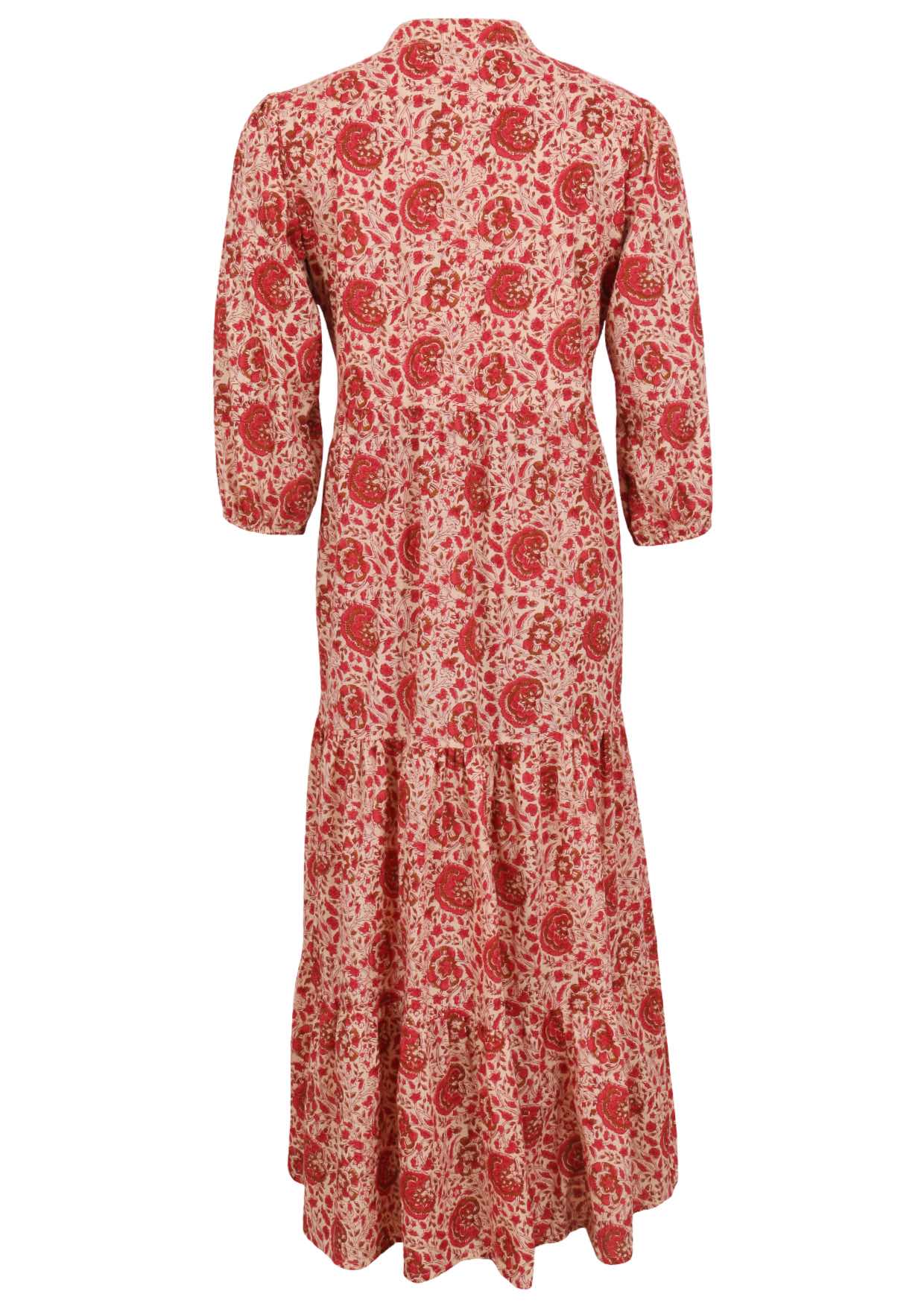 Back view of a full length maxi dress with 3 tiered flowy skirt, mandarin collar, buttoned bodice and pockets