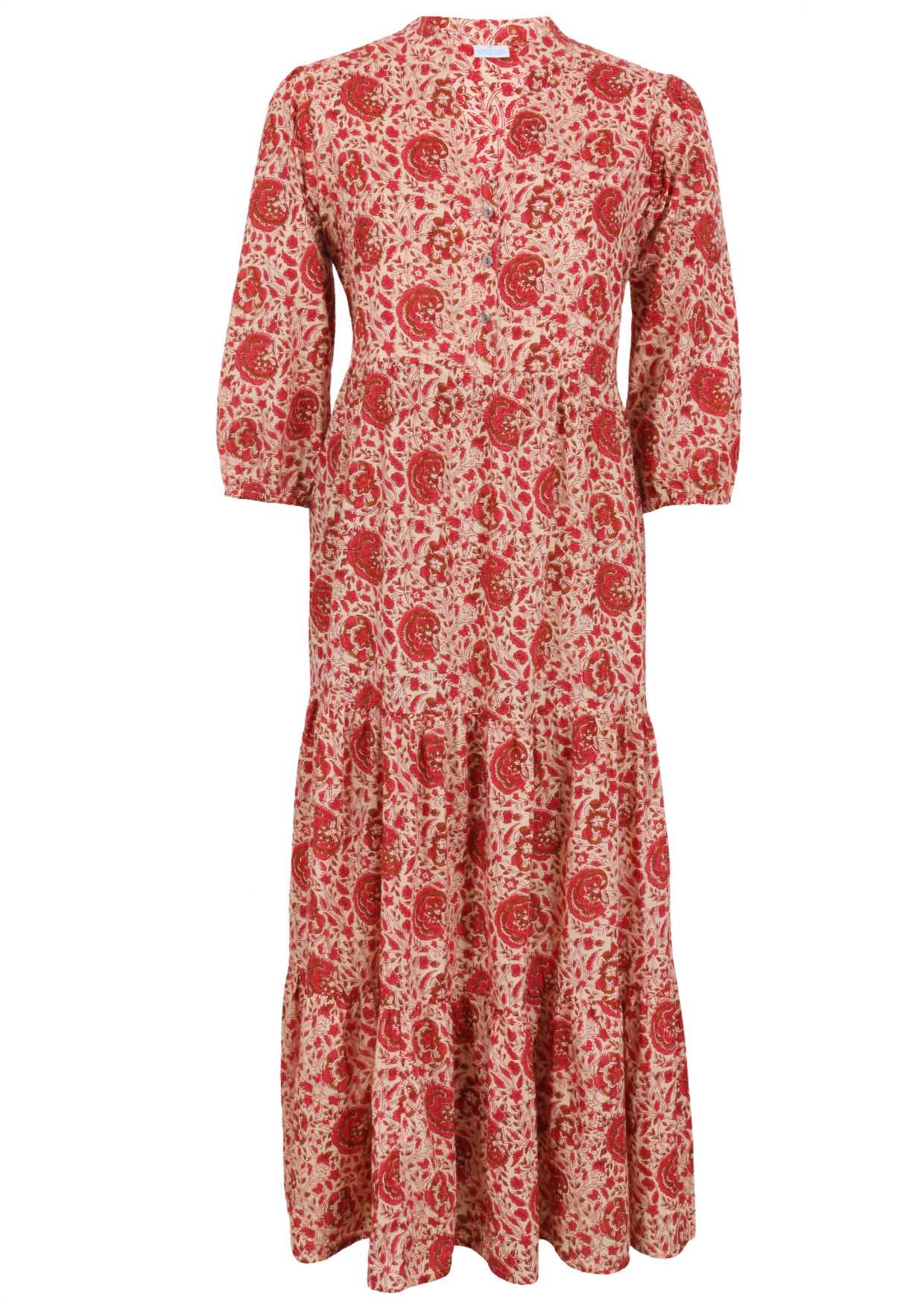 100% cream based floral three tiered flowy maxi dress with buttoned bodice, 3/4 sleeves and mandarin collar 