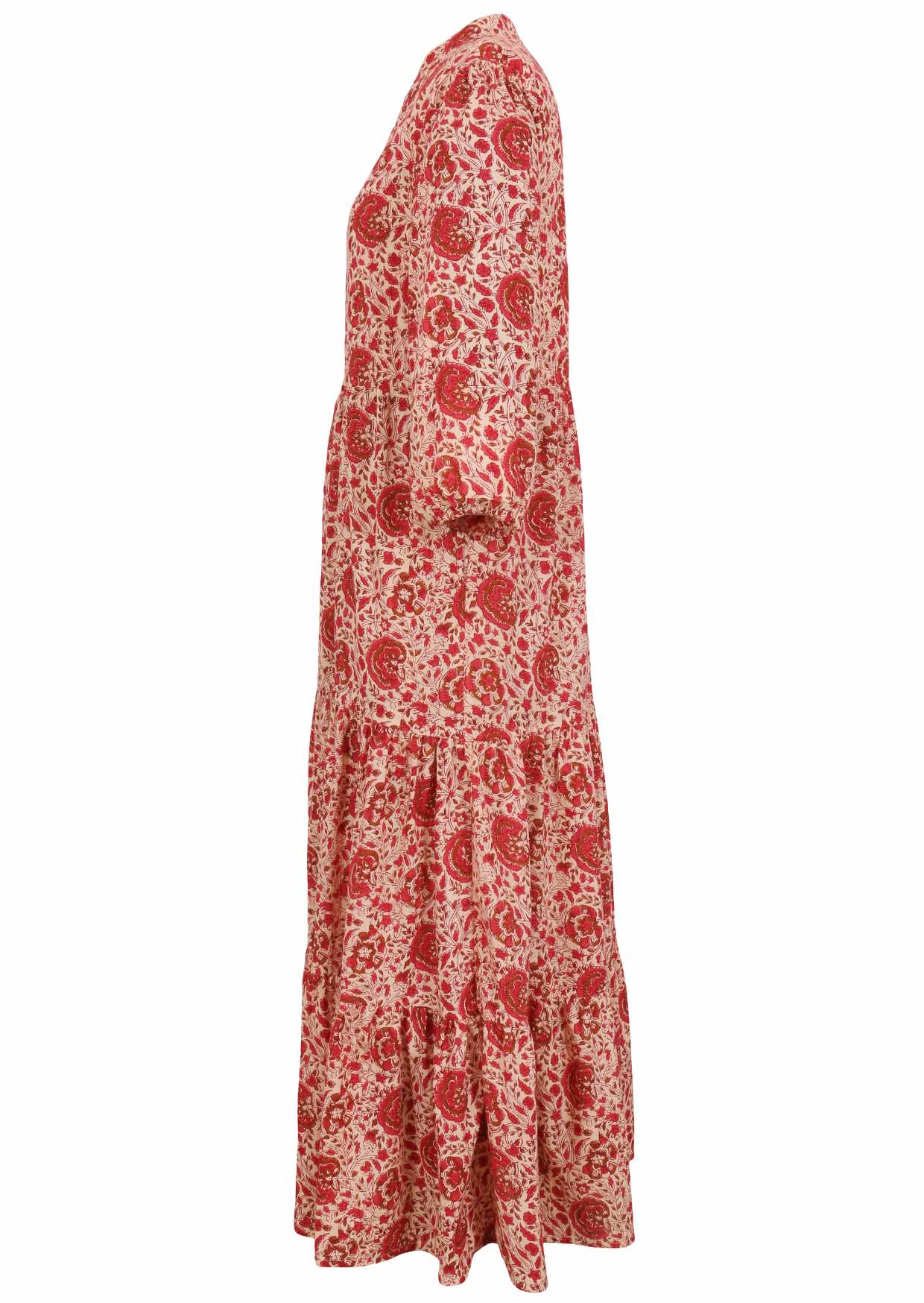 Side view of a full length maxi dress with 3 tiered flowy skirt, mandarin collar, buttoned bodice and pockets