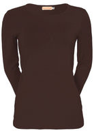 Front view of long sleeve round neck soft stretch rayon top in dark brown