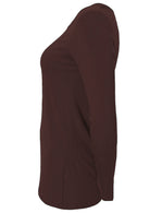 Side view of long sleeve round neck soft stretch rayon top in dark brown