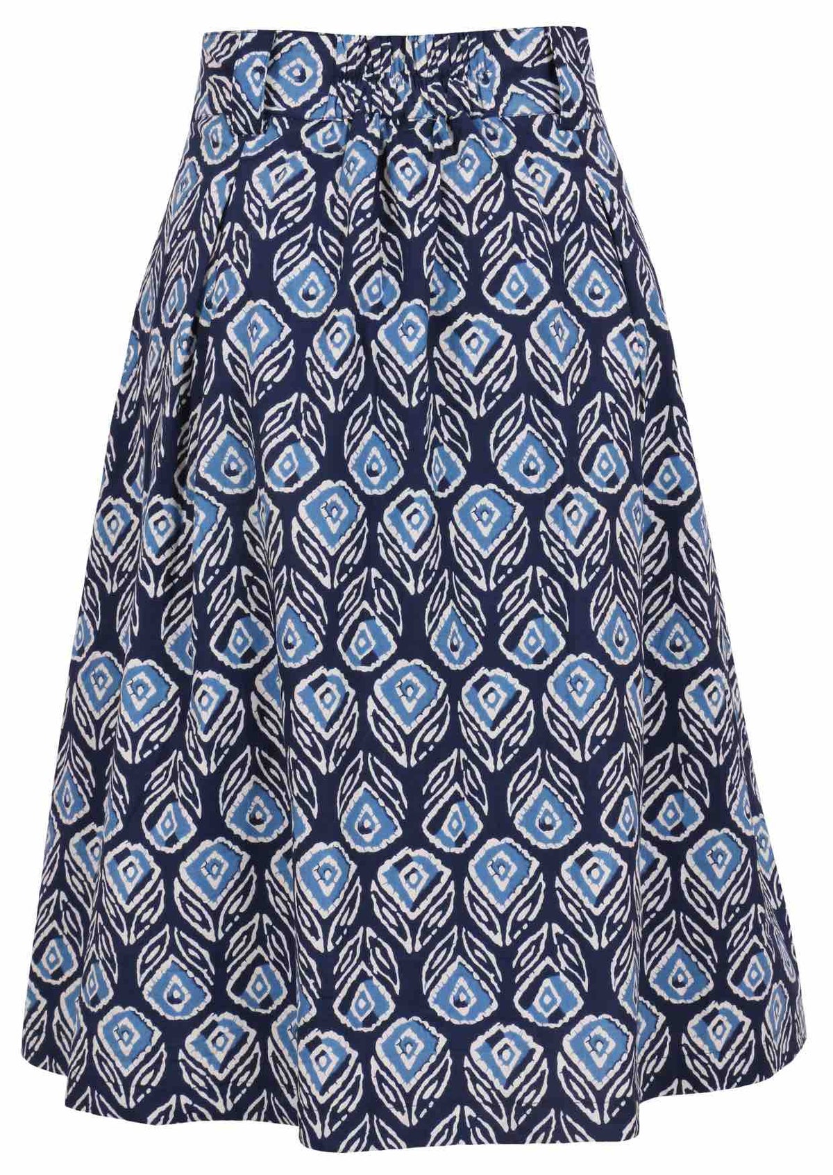 Floral printed knee length cotton skirt with belt loops and elastic at back of the waist