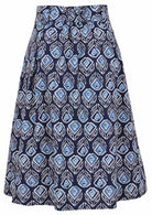 Floral printed knee length cotton skirt with belt loops and elastic at back of the waist