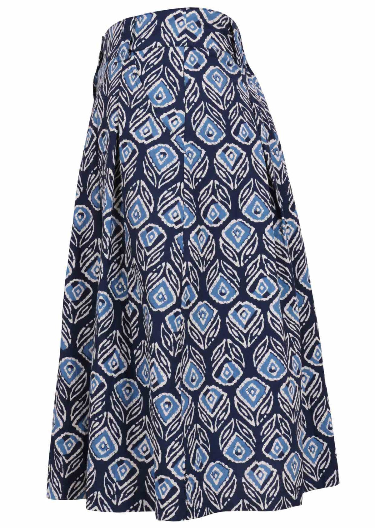Knee length button cotton skirt with box pleats, pockets and belt loops