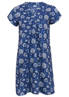 Front mannequin photo of cotton tunic dress  with short sleeves in light blue and white floral print