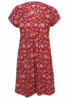 Front mannequin photo of cotton cap sleeve tunic with V-neckline in red based floral print