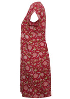 Side mannequin photo of cotton cap sleeve tunic with V-neckline in red based floral print