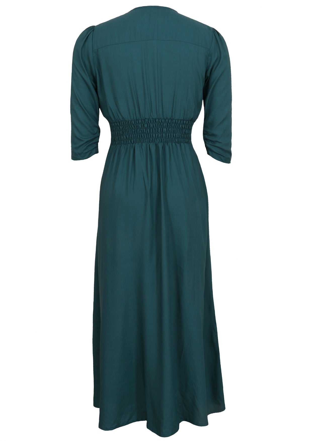 Teal rayon maxi dress with ruched waistband and elbow length sleeves