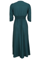 Teal rayon maxi dress with ruched waistband and elbow length sleeves