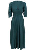 Teal rayon maxi dress with button details on the bodice and ruched waistband