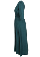 Teal rayon maxi dress with elbow length sleeves and ruched waistband