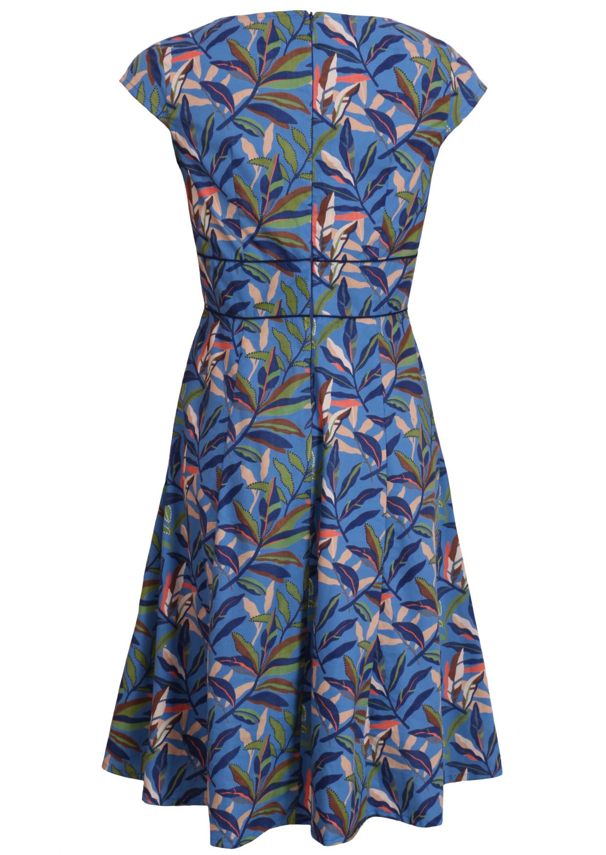 blue cotton retro style dress with pockets back view 
