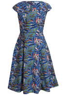 blue cotton retro style dress with pockets front view