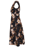 100% cotton knee length retro style dress in black based florals with cap sleeves and a deep front pockets