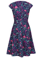 retro inspired Scarlett Dress Dianthus in a  vibrant navy, purple, pink and aqua floral print on 100% cotton back view