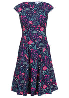 retro inspired Scarlett Dress Dianthus in a  vibrant navy, purple, pink and aqua floral print on 100% cotton front view