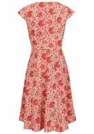 100% cotton knee length retro style dress in cream based florals with cap sleeves and a central back zip