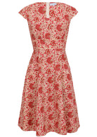 100% cotton knee length retro style dress in cream based florals with cap sleeves and a round neckline