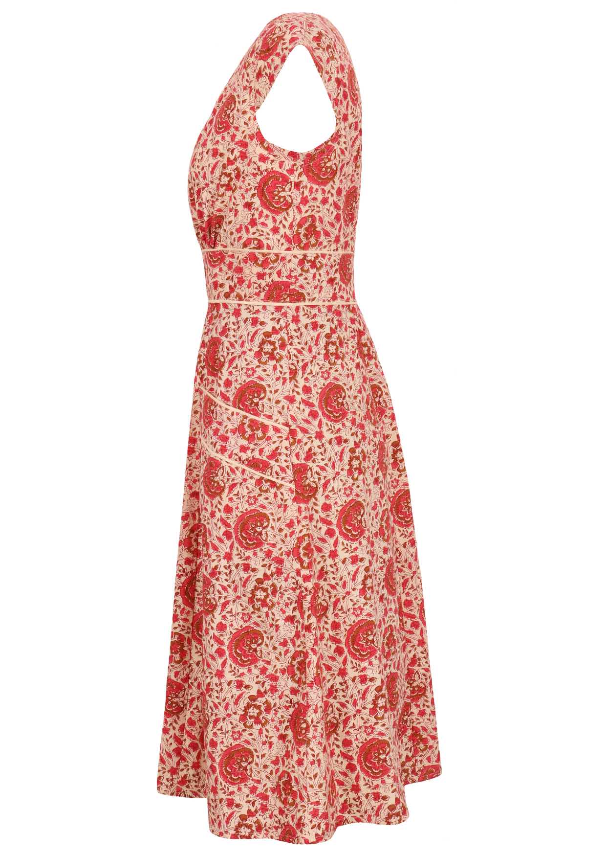 100% cotton knee length retro style dress in cream based florals with cap sleeves and a deep front pockets
