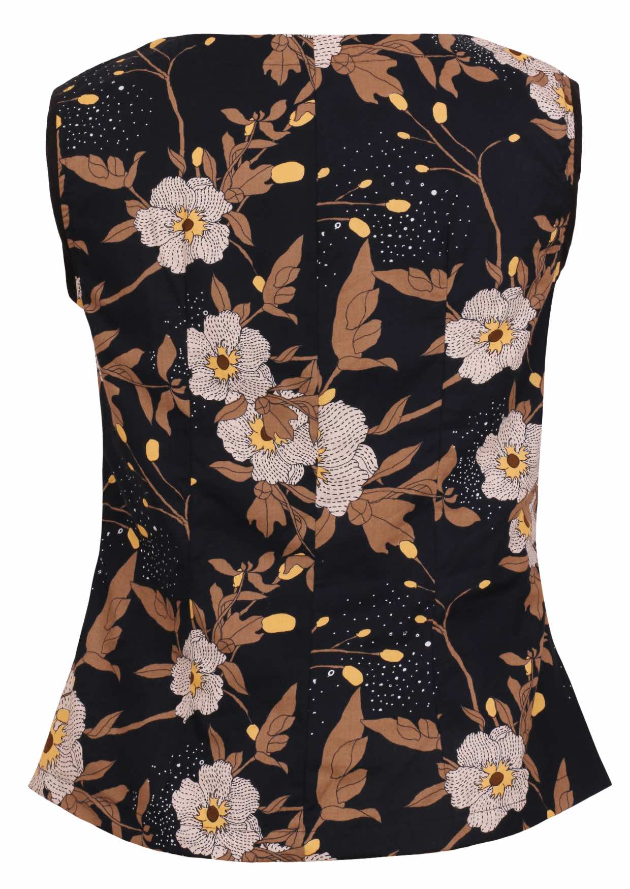 Back view of sleeveless cotton top with black based floral print 