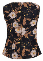 Back view of sleeveless cotton top with black based floral print 