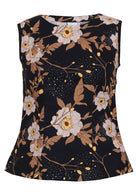 Front view of sleeveless cotton top with black based floral print 