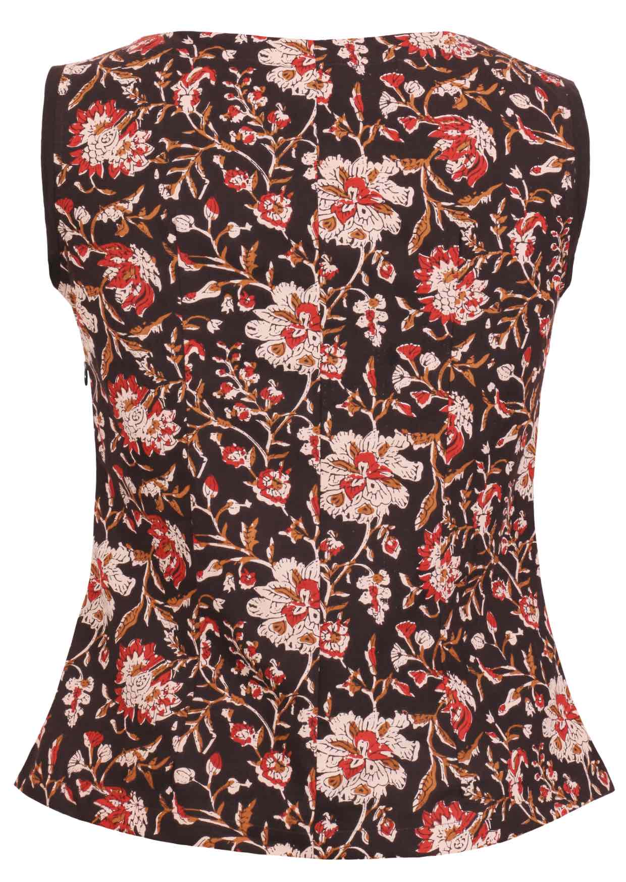 Floral print sleeveless top with rust, tan and sand tones on a black base