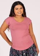 Soft stretch rayon cap sleeved top with V-neckline