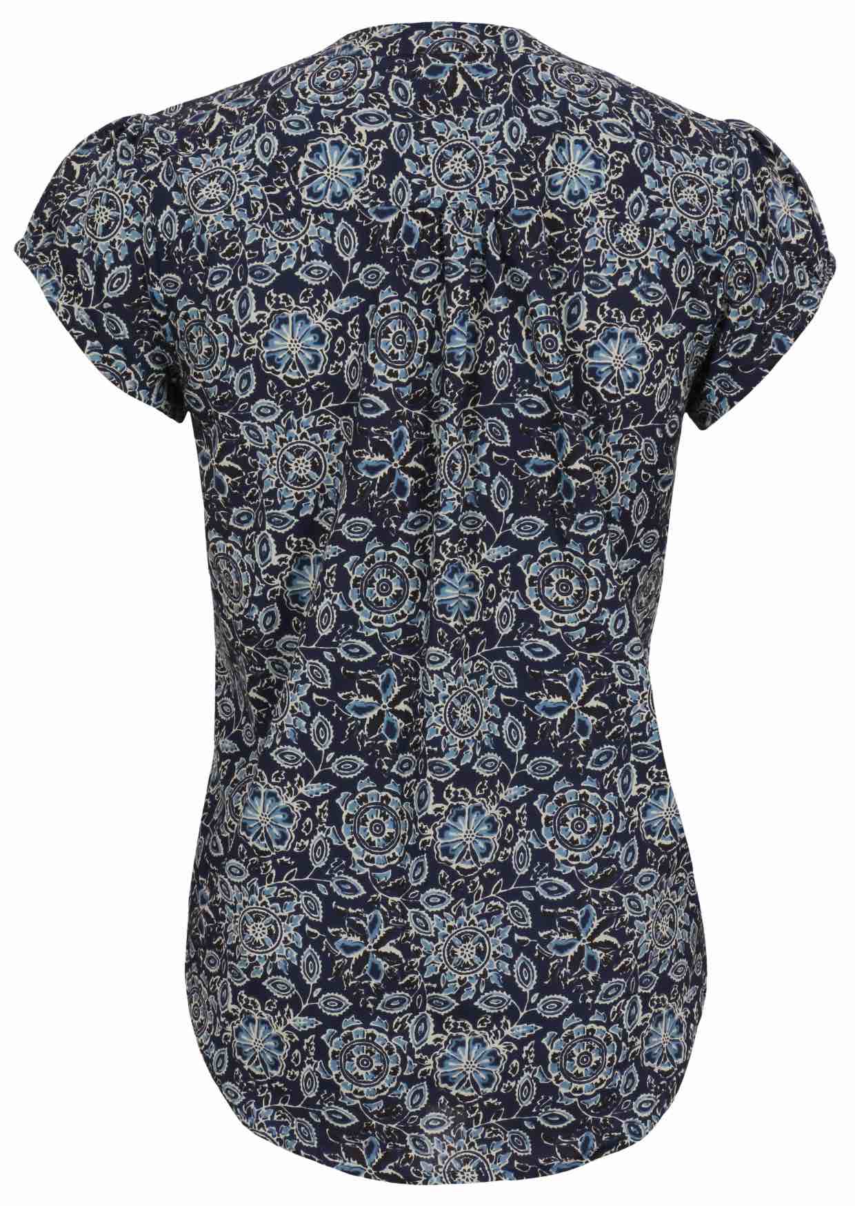 Back view of navy blue based floral print 100% cotton top on a white background.