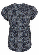 Navy blue based floral print cotton top with V-neckline on a white background.