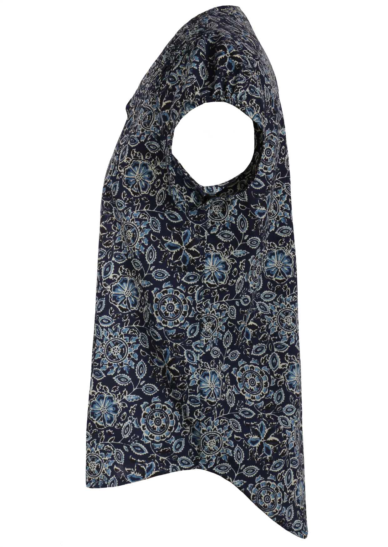 Navy blue based floral print cotton top with cap sleeves.