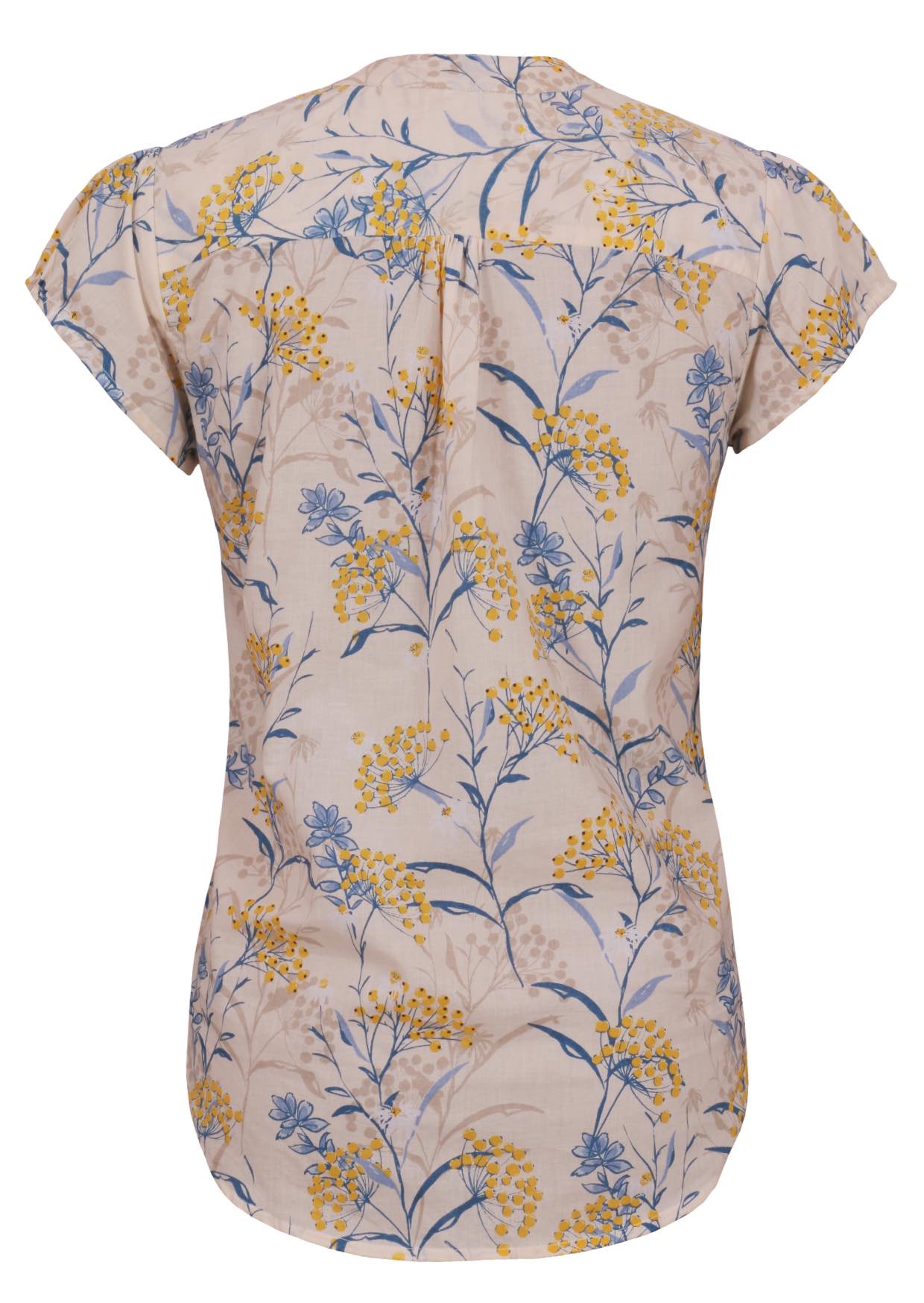 Back view of neutral based floral print 100% cotton top on a white background.