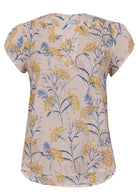 Neutral based blue and golden floral print cotton top with V-neckline on a white background.