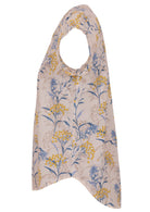 Neutral based blue and golden floral print cotton top with cap sleeves.