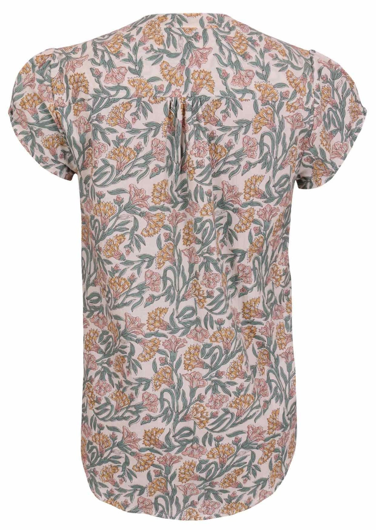 Back view of white based floral print 100% cotton top on a white background.