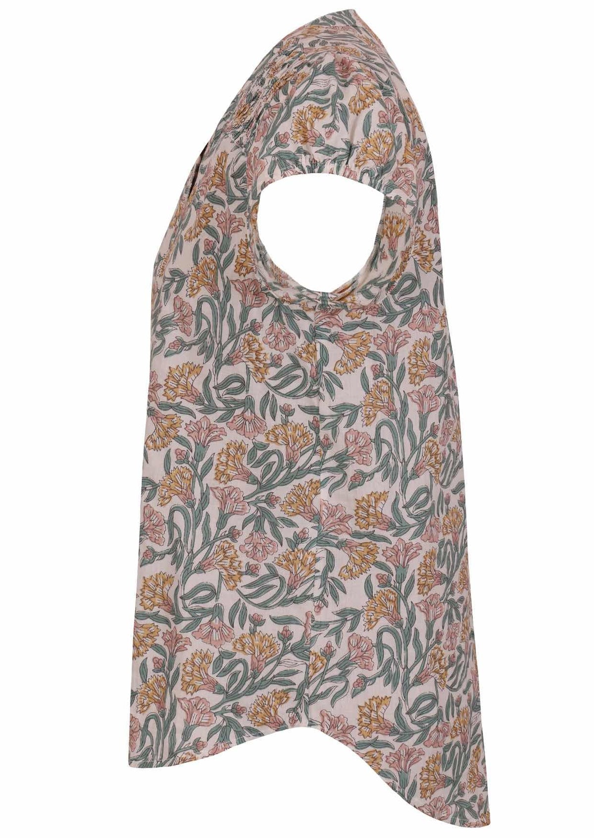 White based floral print cotton top with cap sleeves.