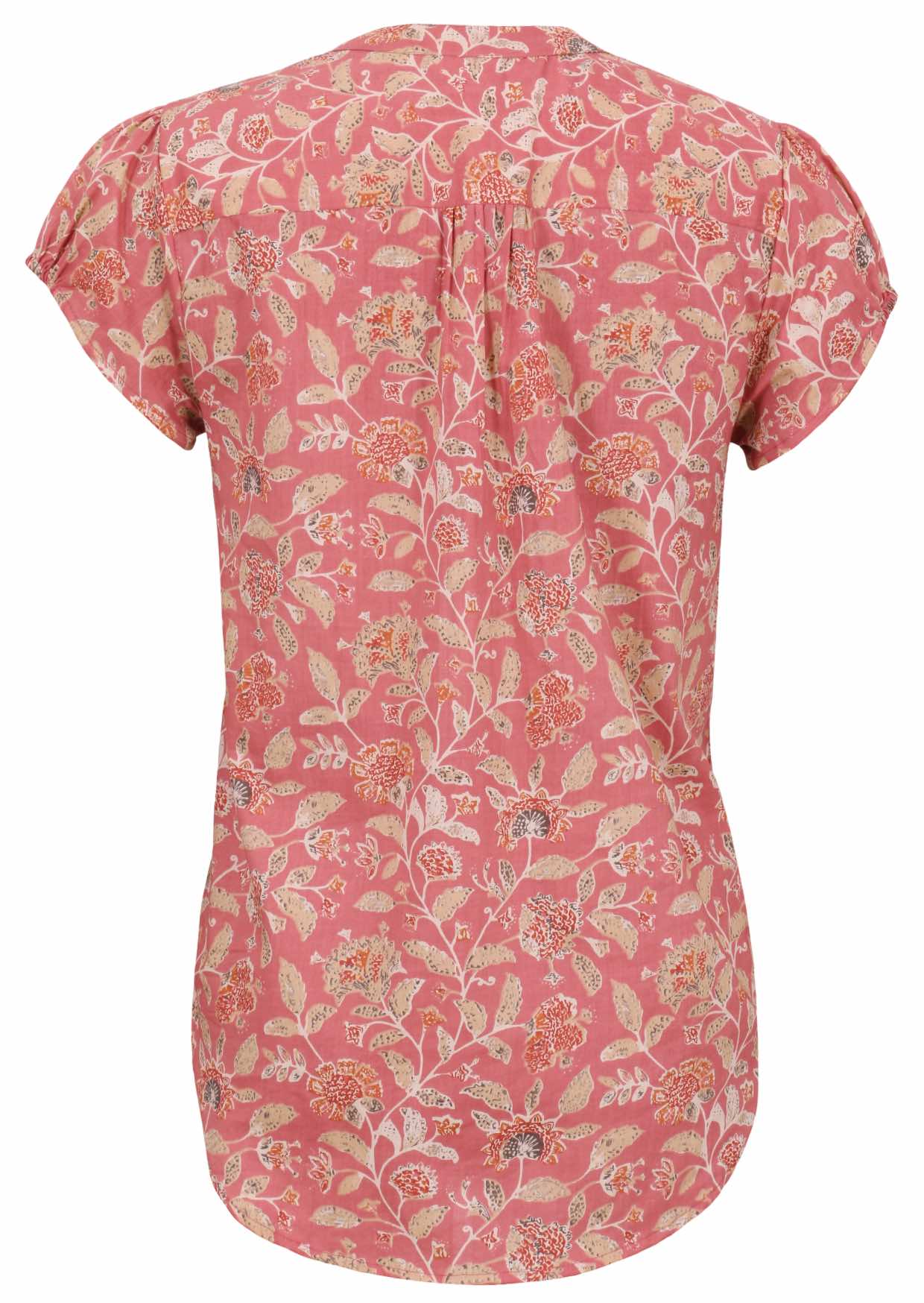 Back view of rose pink based vintage style floral print 100% cotton top on a white background.