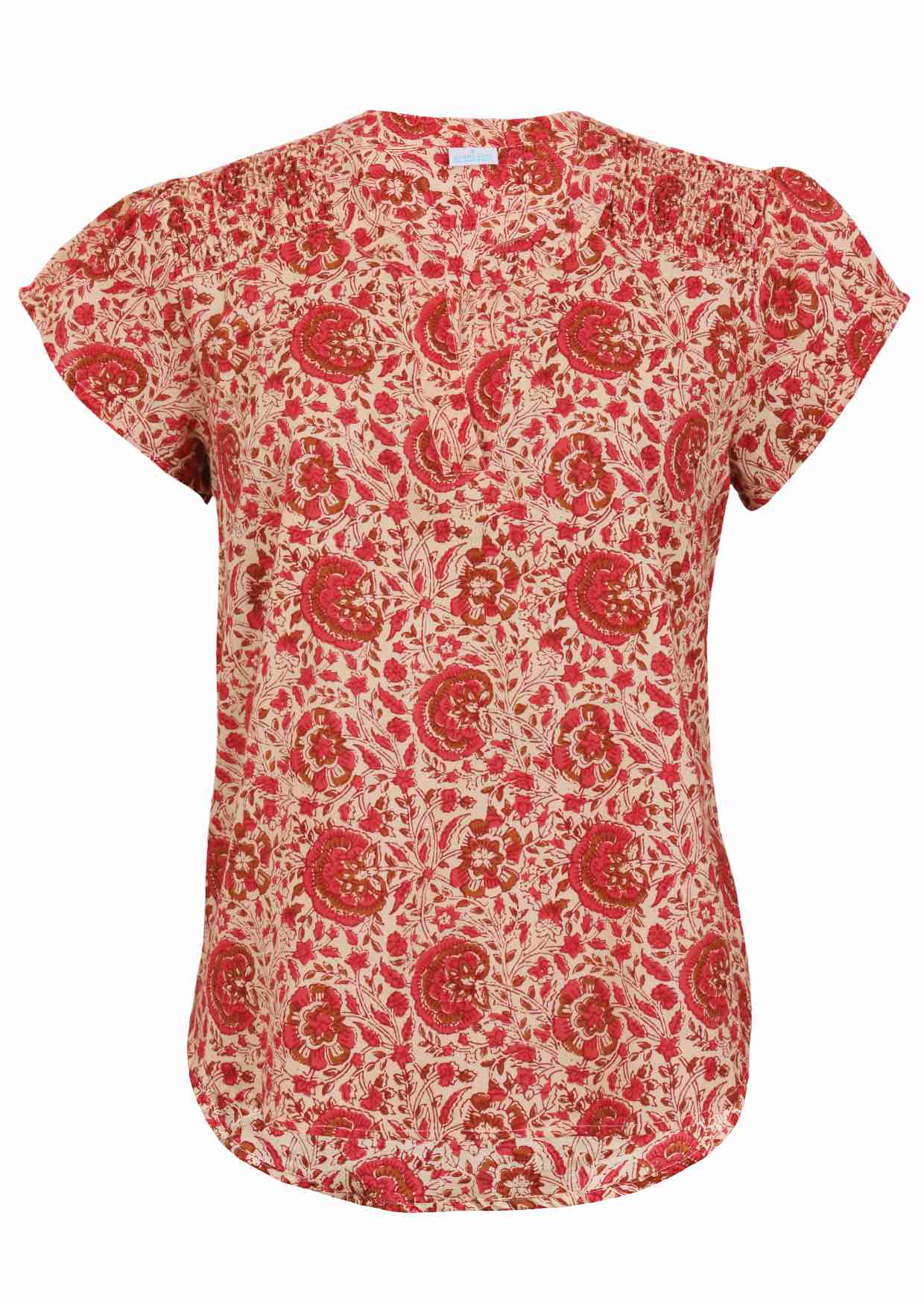 Cream based warm floral print cotton top with V-neckline on a white background.