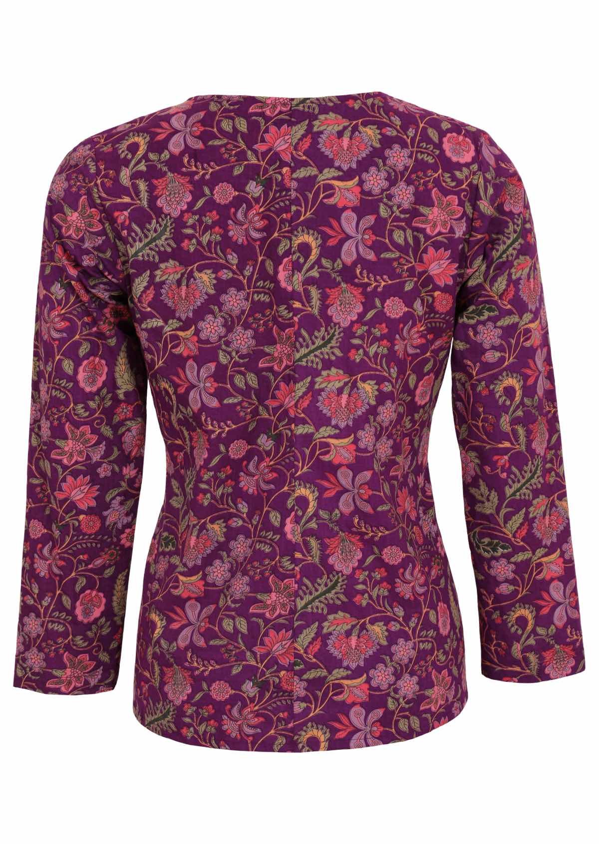 Pink, purple, green and yellow floral print on purple base cotton top