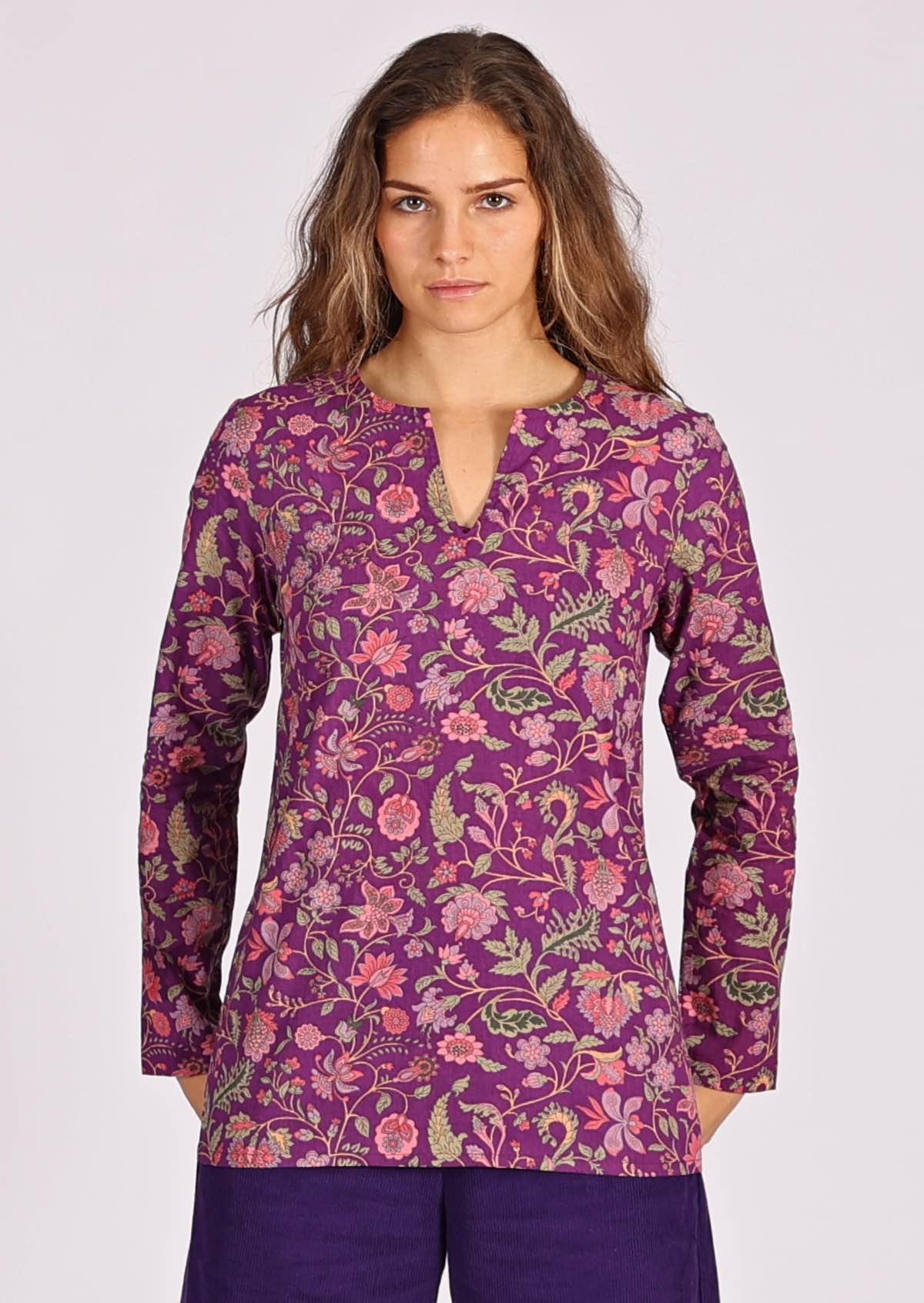 100% cotton purple base floral print long sleeve top with V cutout neckline