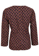 Back view of floral printed cotton top in dark purple with full sleeves.