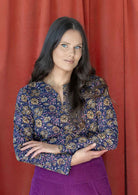Long line cotton top with long sleeves and V cutout at the neckline in gorgeous cream, pink and brown floral print on dark purple base.