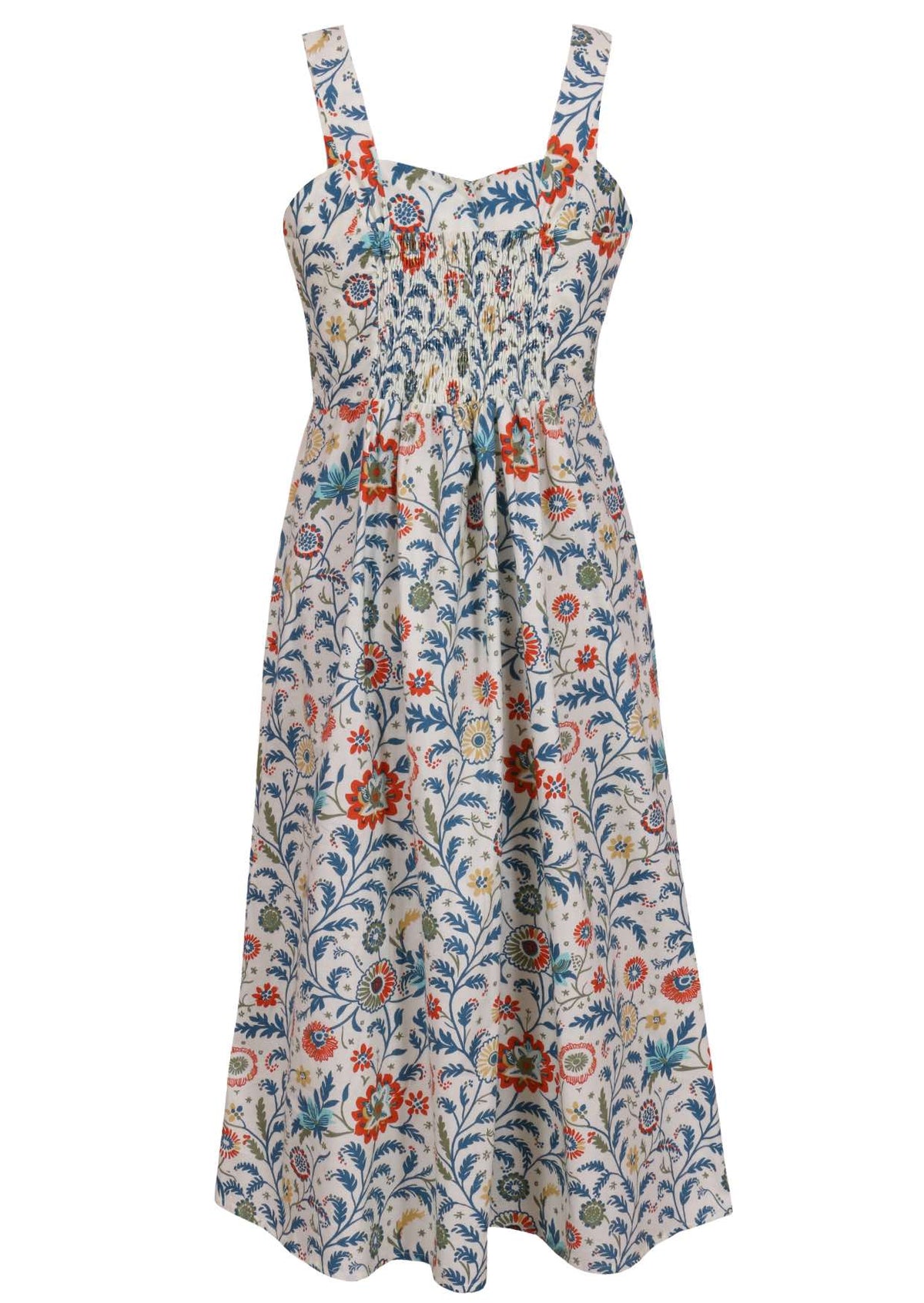 Back view of white based floral sleeveless dress with pockets and elasticated back