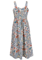 Back view of white based floral sleeveless dress with pockets and elasticated back