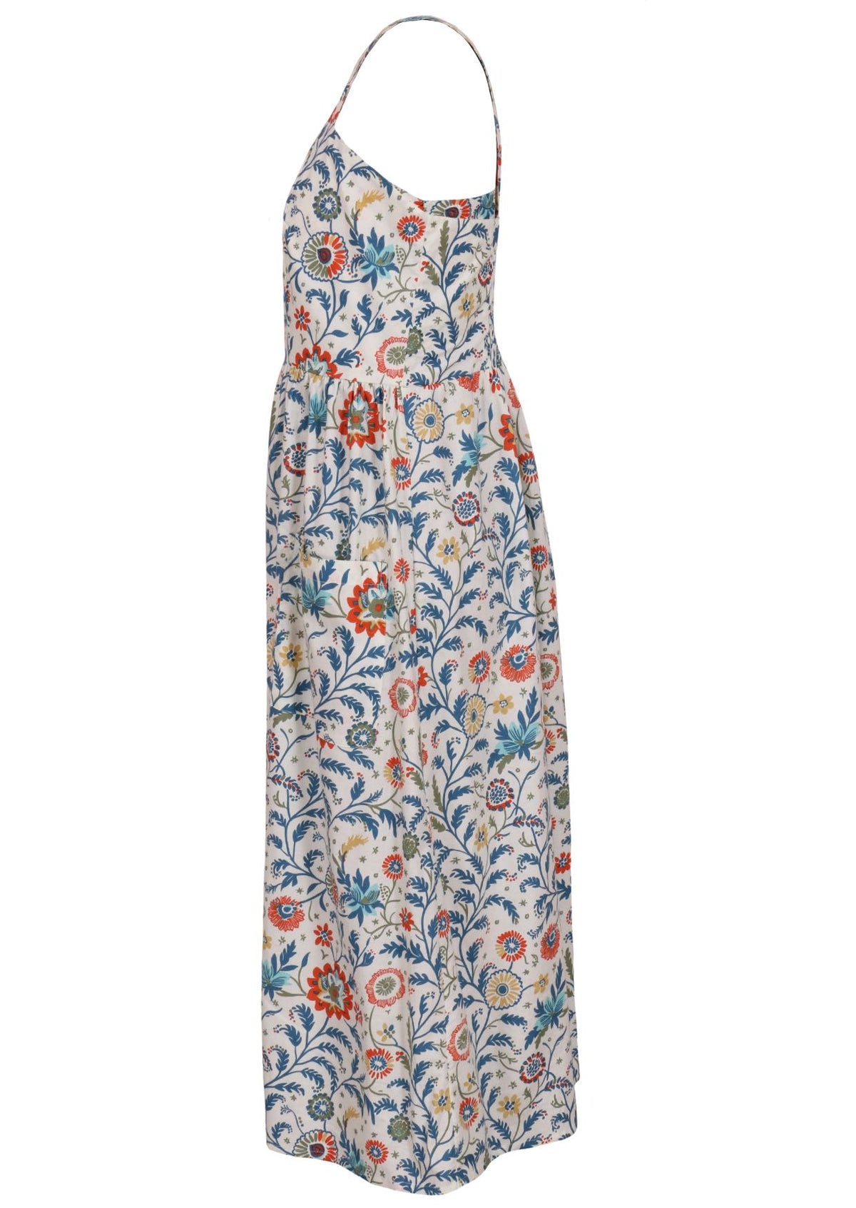 Side view of white based floral sleeveless dress with pockets