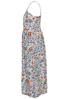 Side view of white based floral sleeveless dress with pockets