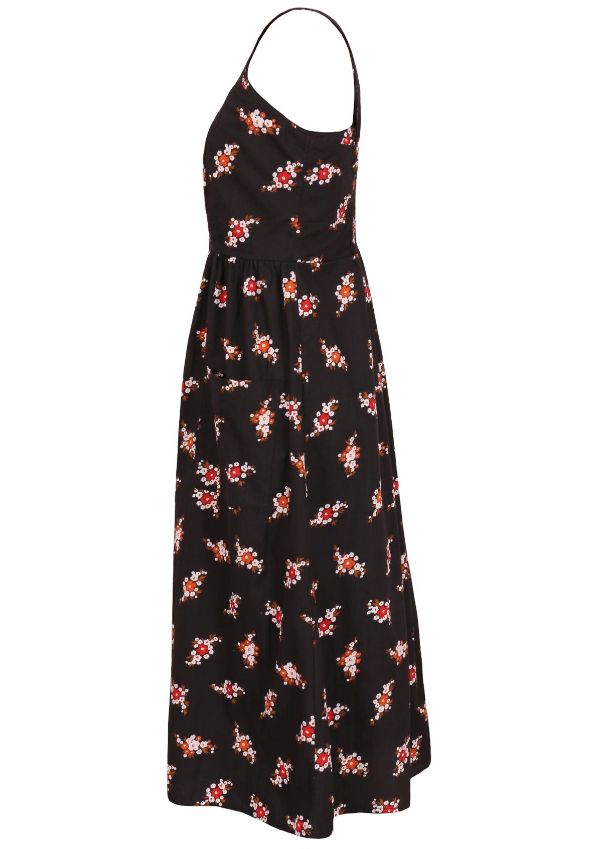 Side view of black based floral sleeveless dress with pockets