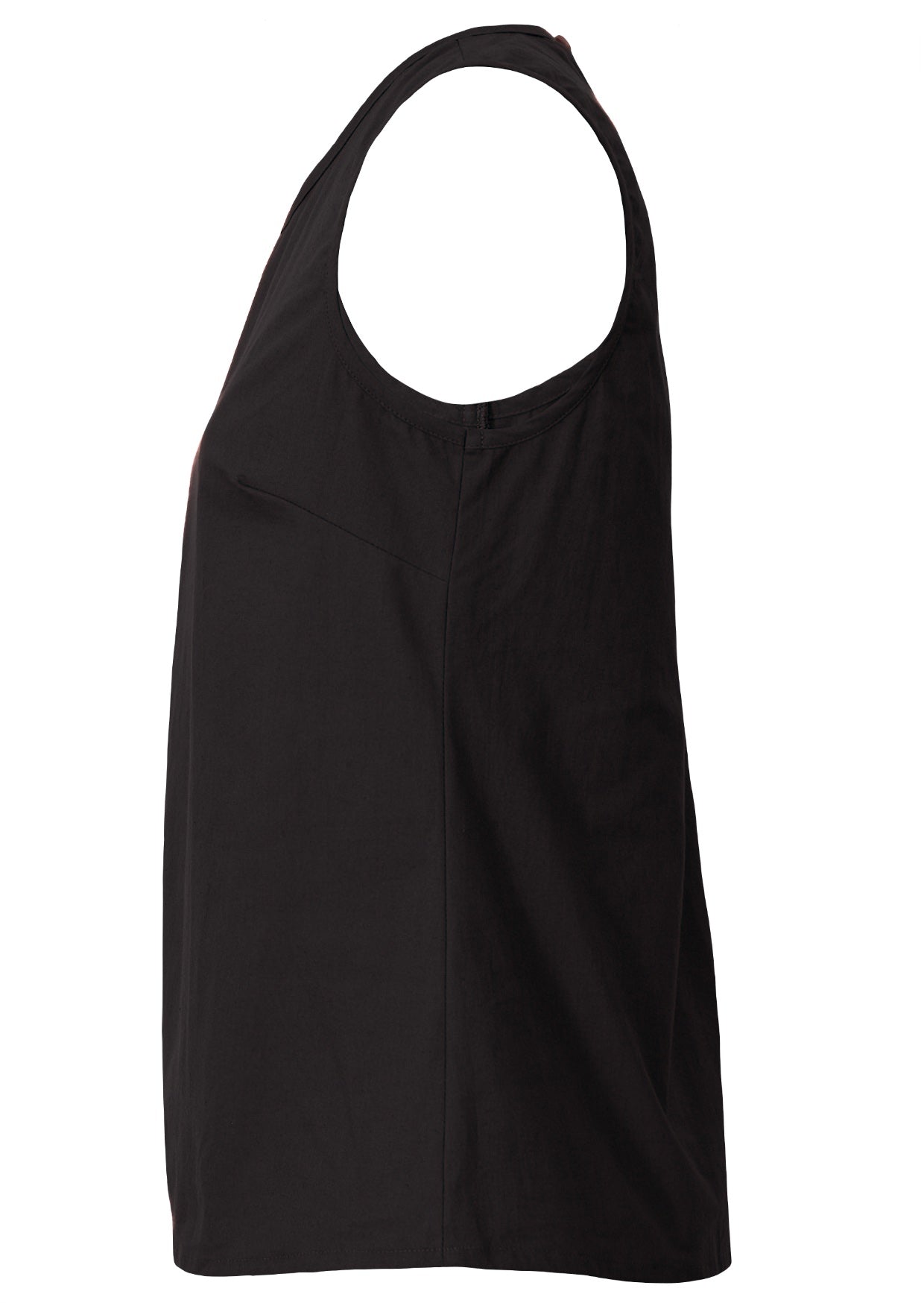 Black sleeveless cotton top with relaxed fit, high round neckline and side bust darts  